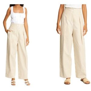 Rebecca Taylor High-Waist Striped‎ Cotton Pant Pockets Pleated Sz 6 Brown Beige